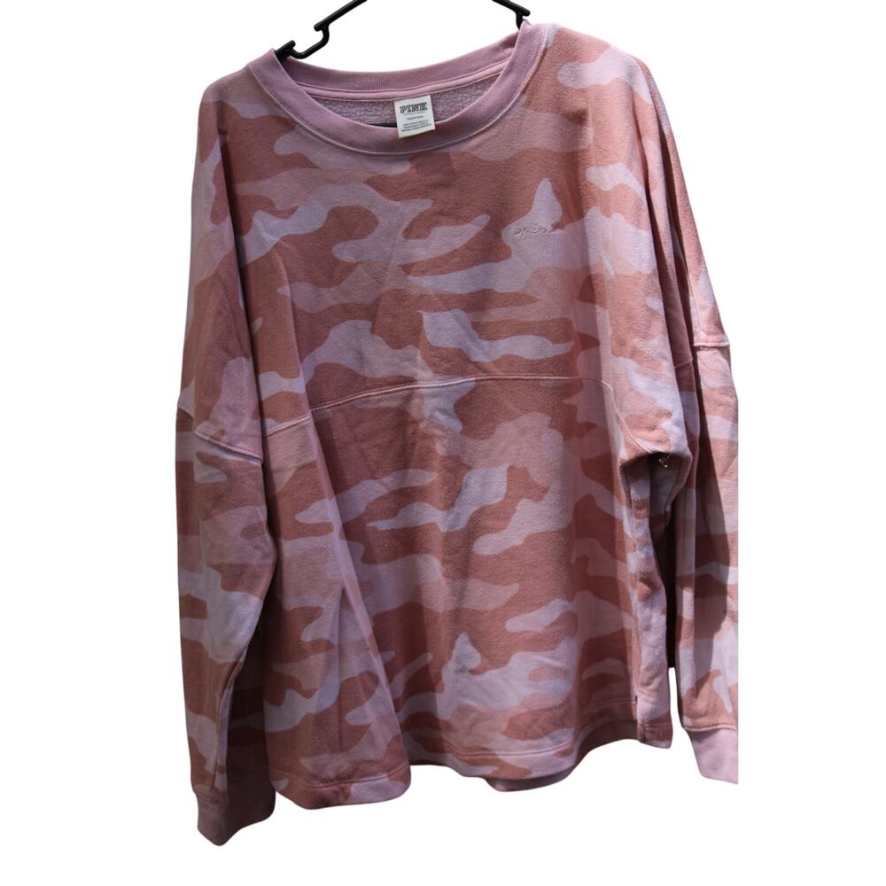 victoria's secret PINK pink camo double side embroidered pullover crew neck LG
